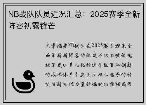 NB战队队员近况汇总：2025赛季全新阵容初露锋芒