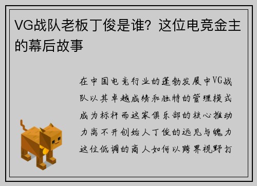 VG战队老板丁俊是谁？这位电竞金主的幕后故事